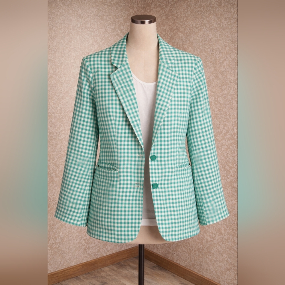 NWT Francesca’s ALYA Green Gingham Blazer Large Preppy Spring Jacket Checkered - Picture 2 of 9